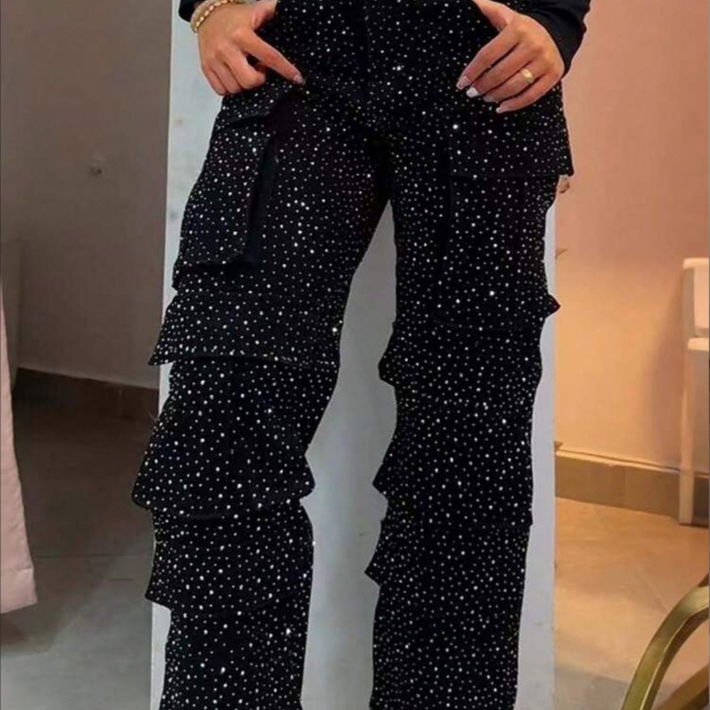 GLOURI Women's Glitter Rhinestone Cargo Trousers